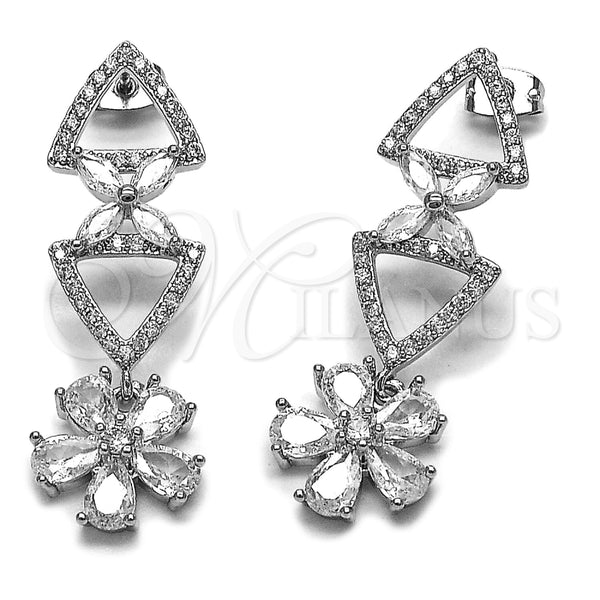 Arete Largo 02.282.0177 Rodio Laminado, Diseño de Flor, con Zirconia Cubica Blanca, Pulido, Rodinado