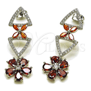 Arete Largo 02.282.0177.1 Rodio Laminado, Diseño de Flor, con Zirconia Cubica Blanca y Granate, Pulido, Rodinado
