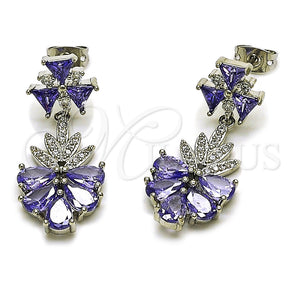 Arete Largo 02.282.0178 Rodio Laminado, Diseño de Gota y Oja, con Zirconia Cubica Blanca y Amatista, Pulido, Rodinado