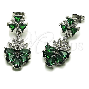 Arete Largo 02.282.0178.1 Rodio Laminado, Diseño de Gota y Oja, con Zirconia Cubica Blanca y Verde, Pulido, Rodinado