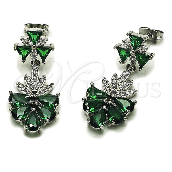 Arete Largo 02.282.0178.1 Rodio Laminado, Diseño de Gota y Oja, con Zirconia Cubica Blanca y Verde, Pulido, Rodinado