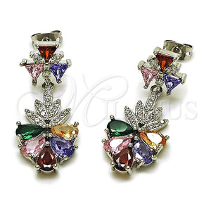 Arete Largo 02.282.0178.2 Rodio Laminado, Diseño de Gota y Oja, con Zirconia Cubica Multicolor y Blanca, Pulido, Rodinado