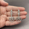 Arete Largo 02.282.0138.1 Rodio Laminado, Diseño de Corazón y Flor, con Micro Pave Blanca y Zirconia Cubica Blanca, Pulido, Rodinado
