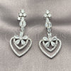 Arete Largo 02.282.0138.1 Rodio Laminado, Diseño de Corazón y Flor, con Micro Pave Blanca y Zirconia Cubica Blanca, Pulido, Rodinado