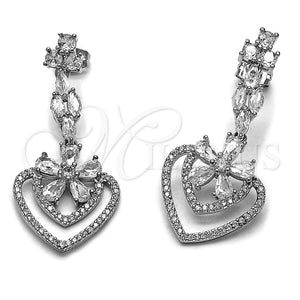 Arete Largo 02.282.0138.1 Rodio Laminado, Diseño de Corazón y Flor, con Micro Pave Blanca y Zirconia Cubica Blanca, Pulido, Rodinado
