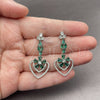 Arete Largo 02.282.0138.2 Rodio Laminado, Diseño de Corazón y Flor, con Micro Pave Blanca y Zirconia Cubica Verde, Pulido, Rodinado
