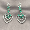 Arete Largo 02.282.0138.2 Rodio Laminado, Diseño de Corazón y Flor, con Micro Pave Blanca y Zirconia Cubica Verde, Pulido, Rodinado