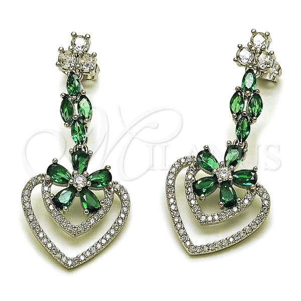 Arete Largo 02.282.0138.2 Rodio Laminado, Diseño de Corazón y Flor, con Micro Pave Blanca y Zirconia Cubica Verde, Pulido, Rodinado