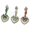 Arete Largo 02.282.0138.2 Rodio Laminado, Diseño de Corazón y Flor, con Micro Pave Blanca y Zirconia Cubica Verde, Pulido, Rodinado