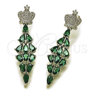 Arete Largo 02.282.0114.3 Rodio Laminado, Diseño de Corona y Gota, con Zirconia Cubica Blanca y Verde, Pulido, Rodinado