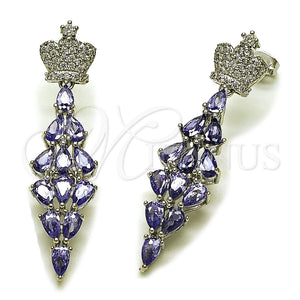 Arete Largo 02.282.0114.5 Rodio Laminado, Diseño de Corona y Gota, con Zirconia Cubica Blanca y Amatista, Pulido, Rodinado