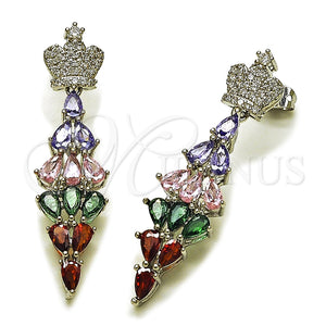 Arete Largo 02.282.0114.6 Rodio Laminado, Diseño de Corona y Gota, con Zirconia Cubica Blanca y Multicolor, Pulido, Rodinado