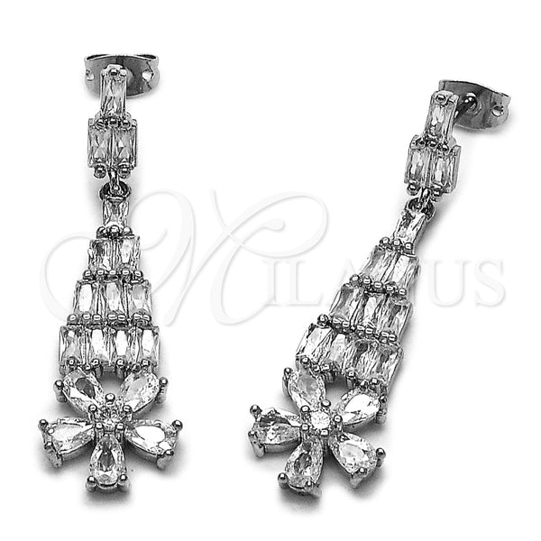 Arete Largo 02.282.0113.1 Rodio Laminado, Diseño de Flor y Baguette, con Zirconia Cubica Blanca, Pulido, Rodinado
