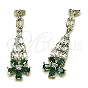 Arete Largo 02.282.0113.3 Rodio Laminado, Diseño de Flor y Baguette, con Zirconia Cubica Blanca y Verde, Pulido, Rodinado