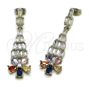 Arete Largo 02.282.0113.5 Rodio Laminado, Diseño de Flor y Baguette, con Zirconia Cubica Blanca y Multicolor, Pulido, Rodinado