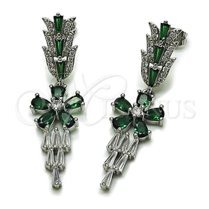 Arete Largo 02.282.0115.1 Rodio Laminado, Diseño de Flor y Baguette, con Zirconia Cubica Blanca y Micro Pave Blanca, Pulido, Rodinado