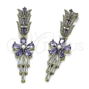 Arete Largo 02.282.0115.2 Rodio Laminado, Diseño de Flor y Baguette, con Zirconia Cubica Blanca y Micro Pave Blanca, Pulido, Rodinado