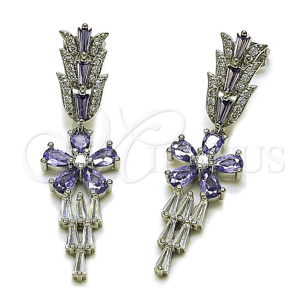 Arete Largo 02.282.0115.2 Rodio Laminado, Diseño de Flor y Baguette, con Zirconia Cubica Blanca y Micro Pave Blanca, Pulido, Rodinado