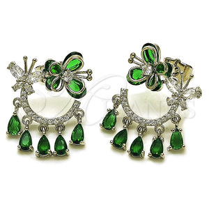 Arete Largo 02.282.0179 Rodio Laminado, Diseño de Mariposa y Gota, con Zirconia Cubica Verde y Blanca, Pulido, Rodinado