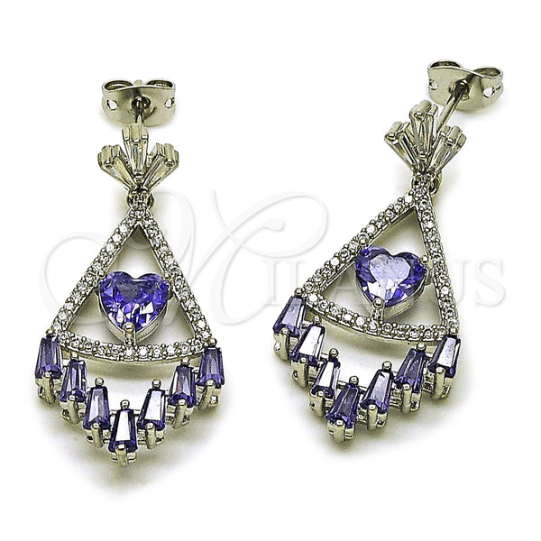 Arete Largo 02.282.0078.1 Rodio Laminado, Diseño de Corazón, con Micro Pave Blanca y Zirconia Cubica Blanca, Pulido, Rodinado