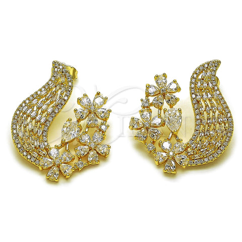 Arete Largo 02.283.0435 Oro Laminado, Diseño de Flor y Gota, con Zirconia Cubica Blanca, Pulido, Tono Dorado
