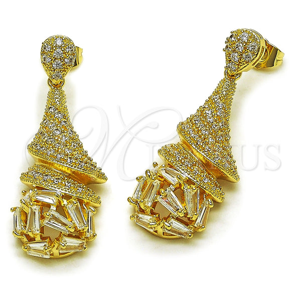 Arete Largo 02.283.0436 Oro Laminado, Diseño de Gota y Baguette, con Zirconia Cubica Blanca, Pulido, Tono Dorado