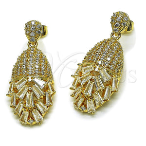 Arete Largo 02.283.0438 Oro Laminado, Diseño de Gota y Baguette, con Zirconia Cubica Blanca, Pulido, Tono Dorado