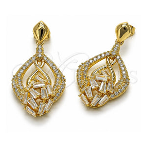 Arete Largo 02.283.0439 Oro Laminado, Diseño de Gota y Baguette, con Zirconia Cubica Blanca, Pulido, Tono Dorado