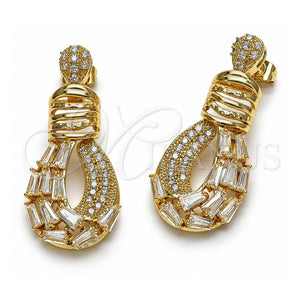 Arete Largo 02.283.0440 Oro Laminado, Diseño de Gota y Baguette, con Zirconia Cubica Blanca, Pulido, Tono Dorado