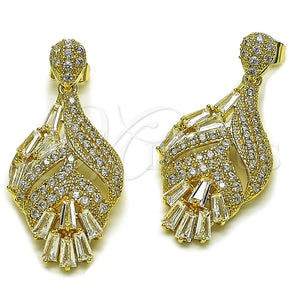 Arete Largo 02.283.0441 Oro Laminado, Diseño de Gota y Oja, con Zirconia Cubica Blanca, Pulido, Tono Dorado