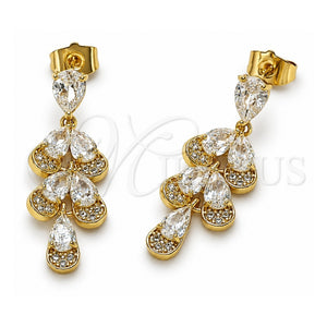 Arete Largo 02.283.0442 Oro Laminado, Diseño de Gota y Corazón, con Zirconia Cubica Blanca, Pulido, Tono Dorado