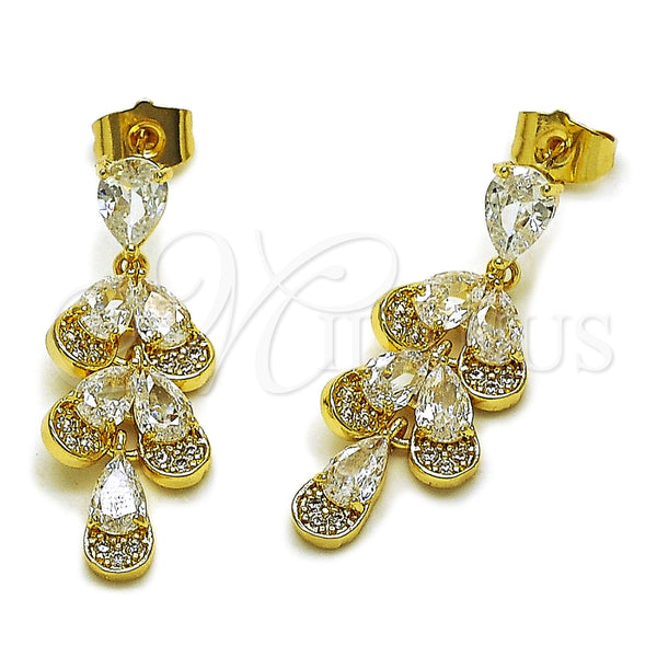 Arete Largo 02.283.0442 Oro Laminado, Diseño de Gota y Corazón, con Zirconia Cubica Blanca, Pulido, Tono Dorado