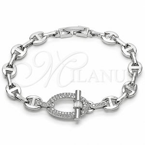 Pulsera Elegante 03.283.0555.1.07 Rodio Laminado, Diseño de Mariner y Puff Mariner, con Micro Pave Blanca y Zirconia Cubica Blanca, Pulido, Rodinado (Grosor 07.4 MM, 7 Pulgadas de Largo)