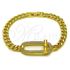 Pulsera Elegante 03.283.0604.07 Oro Laminado, Diseño de Hebilla del Cinturón y Miami Cubana, con Zirconia Cubica Blanca, Pulido, Tono Dorado (Grosor 06.6 MM, 8 Pulgadas de Largo)