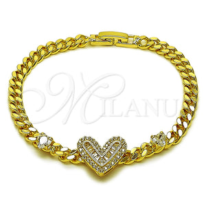 Pulsera Elegante 03.283.0605.07 Oro Laminado, Diseño de Corazón y Baguette, con Zirconia Cubica Blanca, Pulido, Tono Dorado (Grosor 05 MM, 7 Pulgadas de Largo)