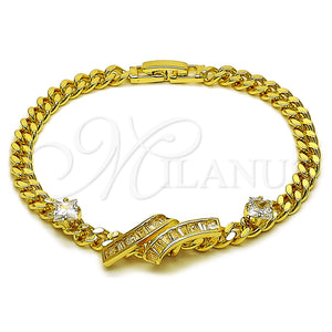 Pulsera Elegante 03.283.0609.07 Oro Laminado, Diseño de Baguette y Miami Cubana, con Zirconia Cubica Blanca, Pulido, Tono Dorado (Grosor 05 MM, 7 Pulgadas de Largo)