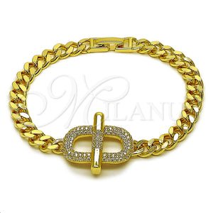 Pulsera Elegante 03.283.0610.07 Oro Laminado, Diseño de Hebilla del Cinturón y Miami Cubana, con Zirconia Cubica Blanca, Pulido, Tono Dorado (Grosor 06.5 MM, 8 Pulgadas de Largo)