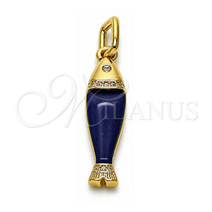 Dije Elegante 05.459.0047 Oro Laminado, Diseño de Pescado, con Zirconia Cubica Blanca, Resinado Azul, Tono Dorado