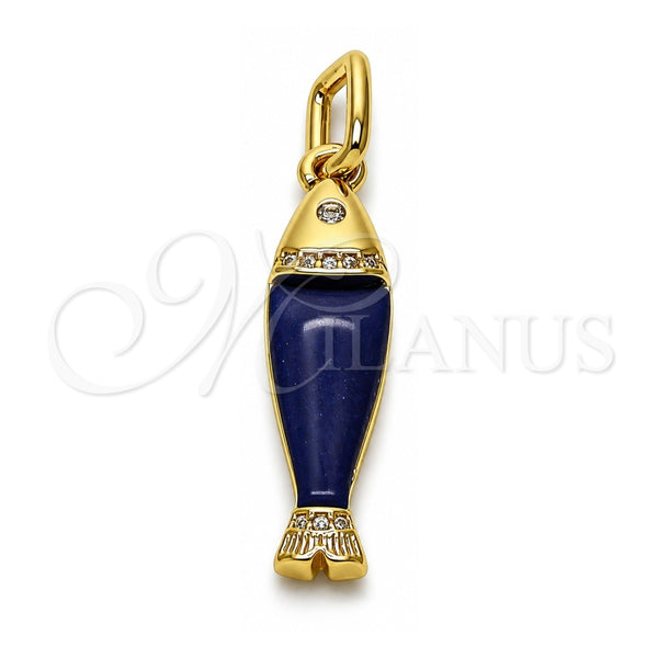 Dije Elegante 05.459.0047 Oro Laminado, Diseño de Pescado, con Zirconia Cubica Blanca, Resinado Azul, Tono Dorado