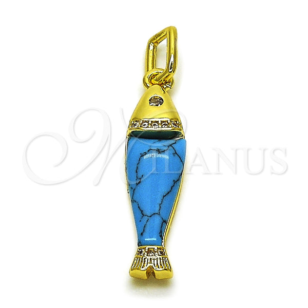 Dije Elegante 05.459.0047.1 Oro Laminado, Diseño de Pescado, con Zirconia Cubica Blanca, Resinado Turquesa, Tono Dorado