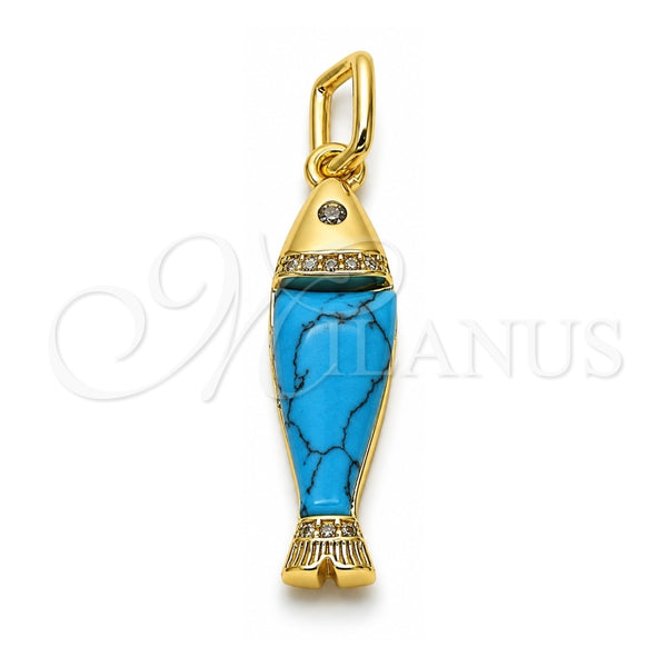 Dije Elegante 05.459.0047.1 Oro Laminado, Diseño de Pescado, con Zirconia Cubica Blanca, Resinado Turquesa, Tono Dorado