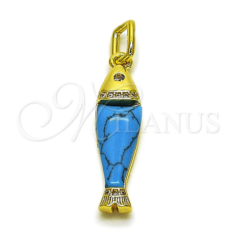 Dije Elegante 05.459.0047.1 Oro Laminado, Diseño de Pescado, con Zirconia Cubica Blanca, Resinado Turquesa, Tono Dorado