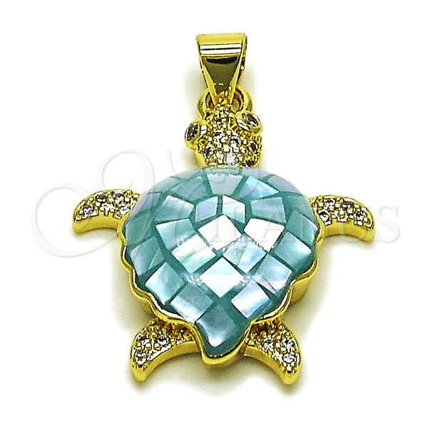 Dije Elegante 05.459.0050.2 Oro Laminado, Diseño de Tortuga, con Madre Perla Light Turquoise y Micro Pave Blanca, Pulido, Tono Dorado