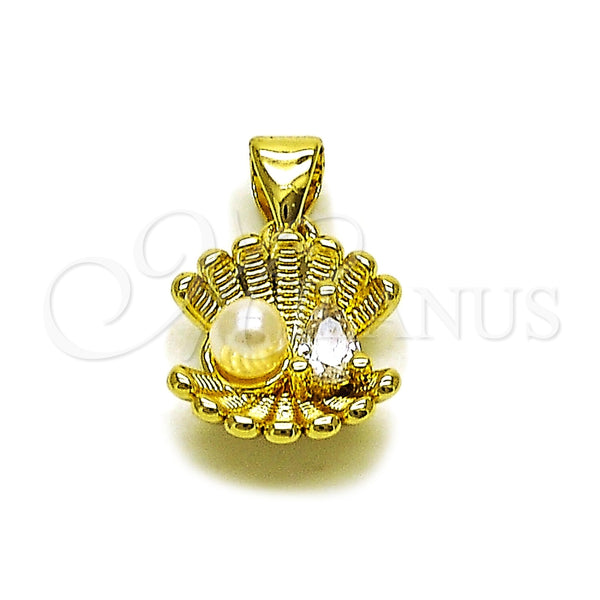 Dije Elegante 05.459.0054 Oro Laminado, Diseño de Concha y Gota, con Zirconia Cubica Blanca y Perla Marfil, Pulido, Tono Dorado