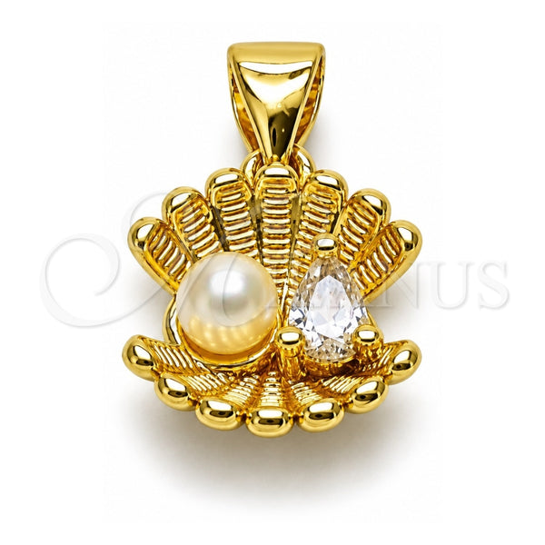 Dije Elegante 05.459.0054 Oro Laminado, Diseño de Concha y Gota, con Zirconia Cubica Blanca y Perla Marfil, Pulido, Tono Dorado