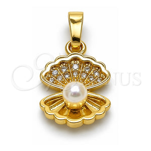 Dije Elegante 05.459.0058 Oro Laminado, Diseño de Concha, con Perla Marfil y Micro Pave Blanca, Pulido, Tono Dorado