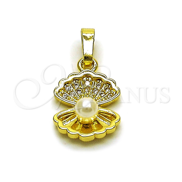 Dije Elegante 05.459.0058 Oro Laminado, Diseño de Concha, con Perla Marfil y Micro Pave Blanca, Pulido, Tono Dorado
