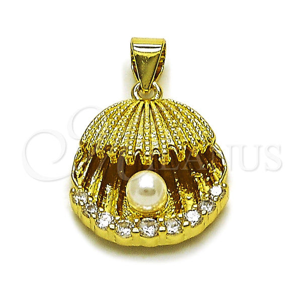 Dije Elegante 05.459.0061 Oro Laminado, Diseño de Concha, con Perla Marfil y Zirconia Cubica Blanca, Pulido, Tono Dorado
