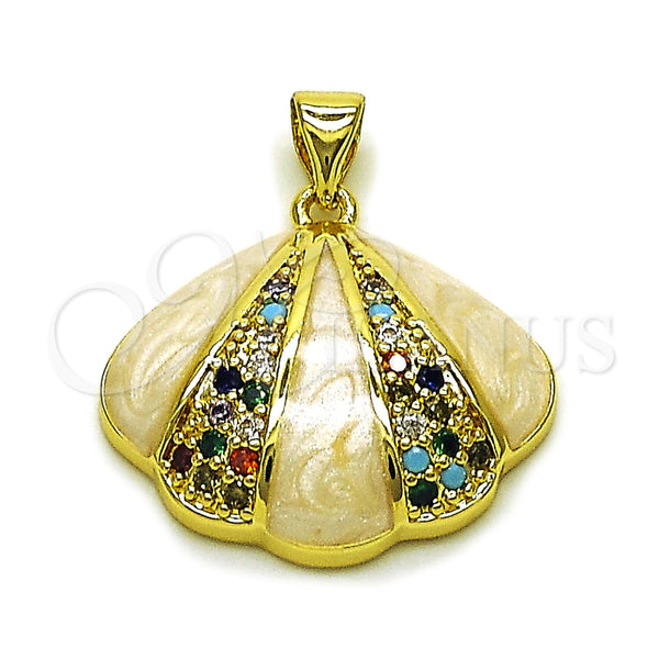 Dije Elegante 05.459.0067 Oro Laminado, Diseño de Concha, con Zirconia Cubica Multicolor, Esmaltado Blanco, Tono Dorado
