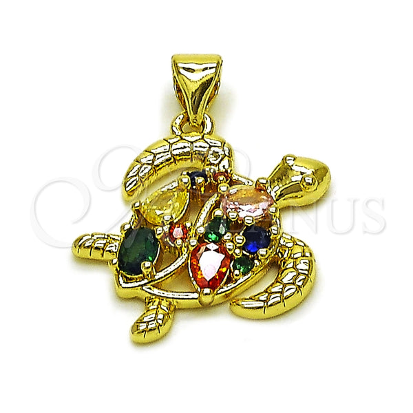 Dije Elegante 05.459.0073 Oro Laminado, Diseño de Tortuga y Gota, con Zirconia Cubica Multicolor, Pulido, Tono Dorado